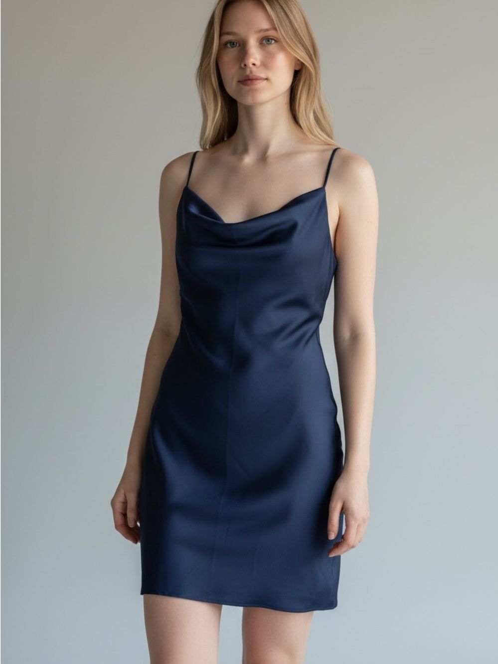 NWT Urban Outfitters Slip Dress Mallorie Cowl Neck Satin Womens Small Navy Blue